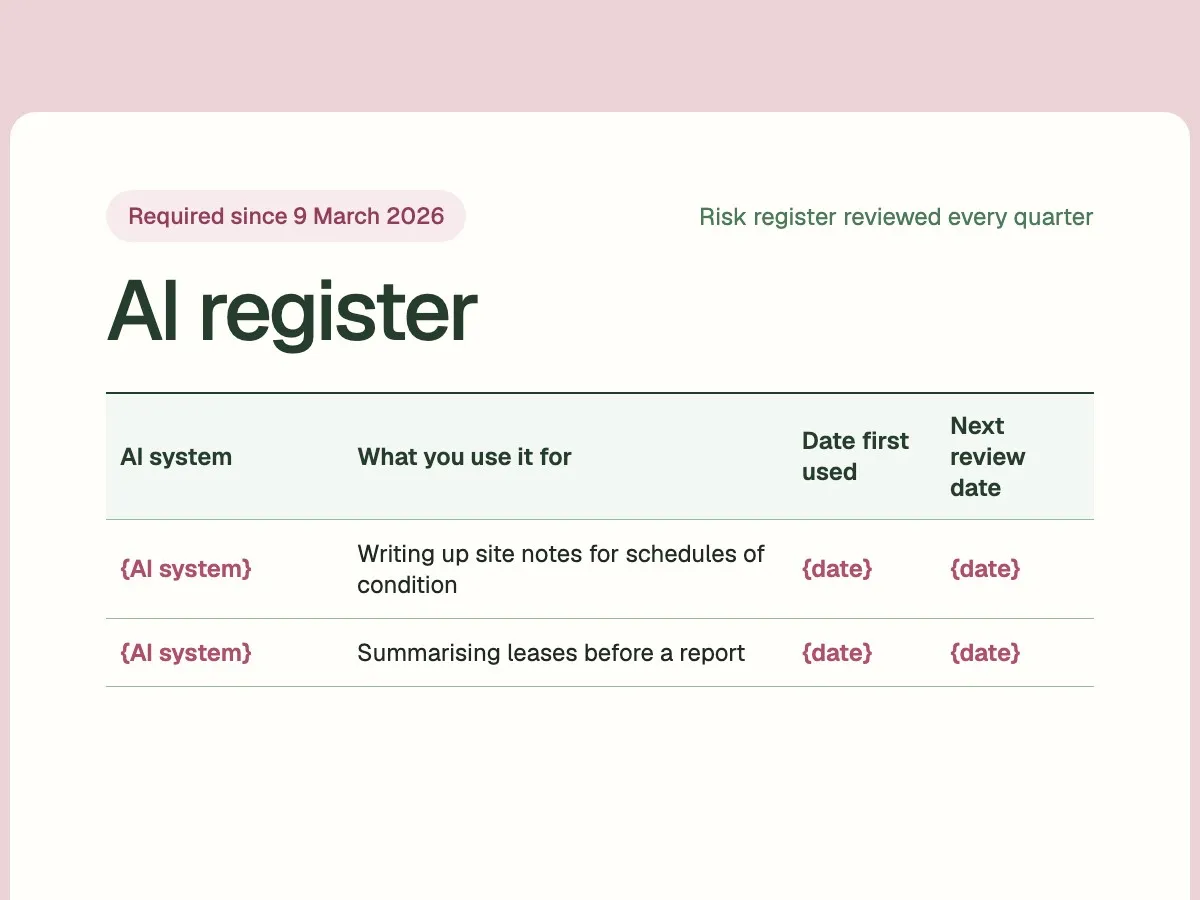 An AI register with columns for the system, its use, the date first used and the next review date