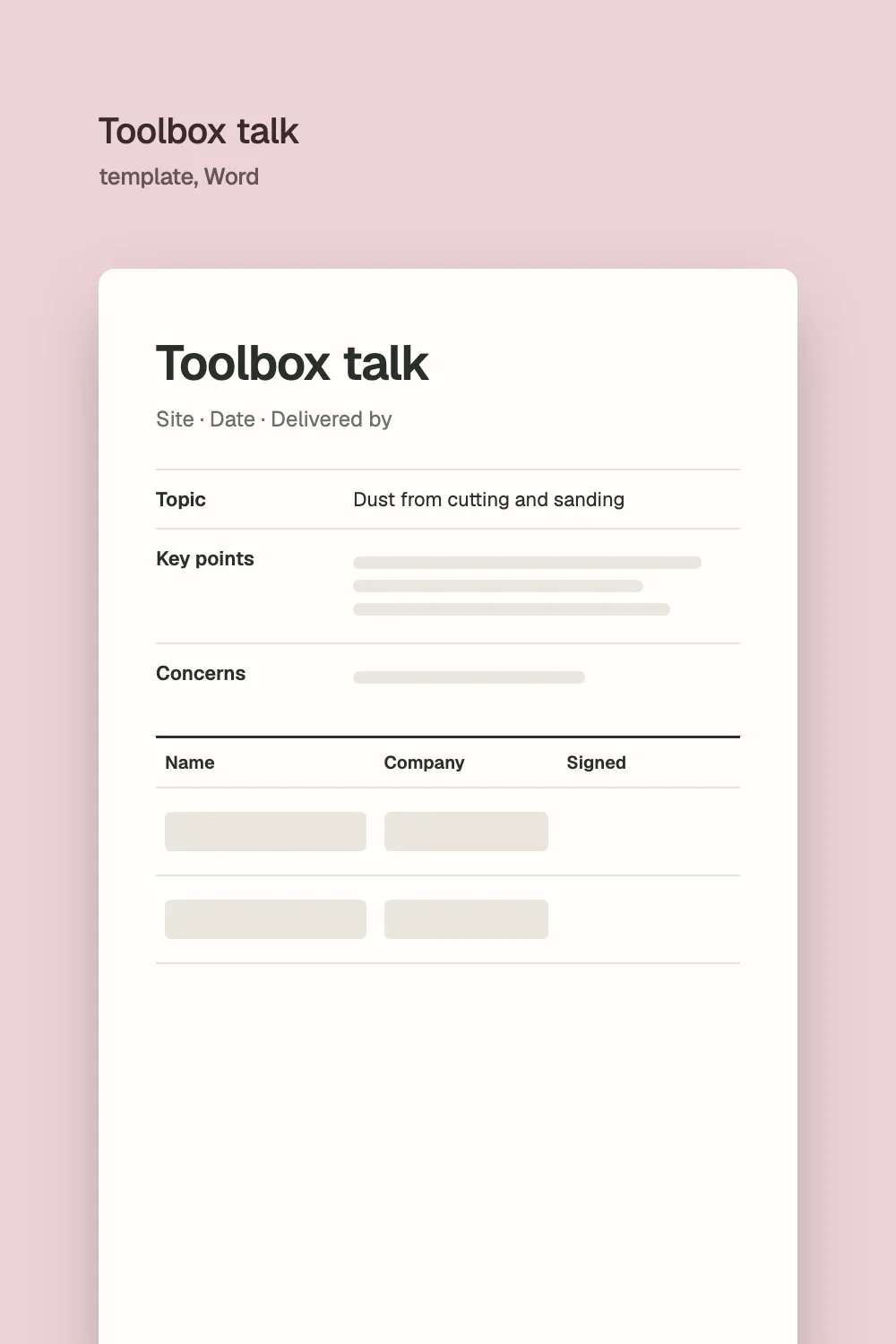 A toolbox talk template with topic, key points and an attendance table